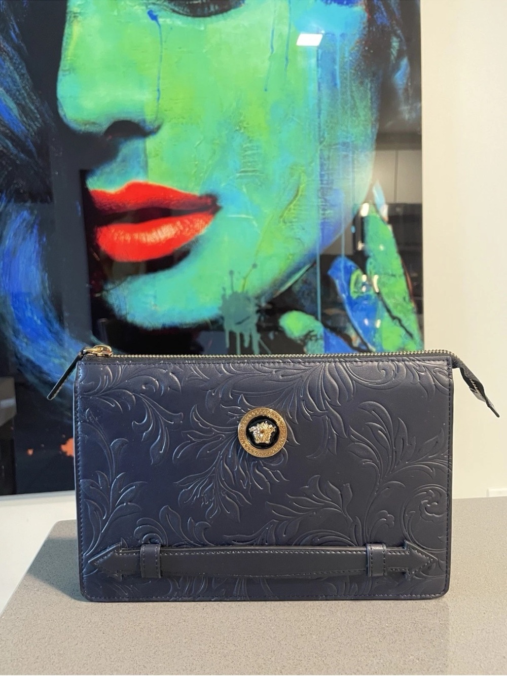Versace Navy Embossed Leather Zip Clutch with Medusa Emblem $900